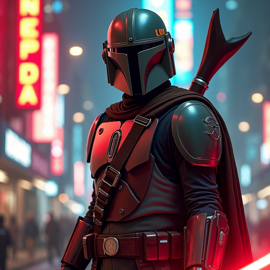 A male Mandalorian bounty hunter, fully armored and helmeted, stands in a neon-lit urban environment, facing the camera. The lights reflect off his armor, creating a vivid contrast with the city’s colorful nightlife, while he holds a blaster at his side.