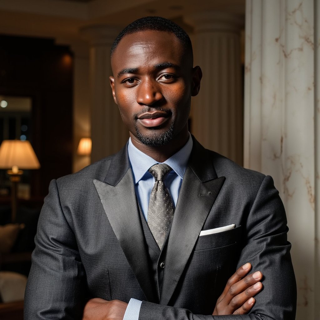 Highly detailed, highly realistic HDR portrait of a man banker in a tailored charcoal three-piece suit with satin lapel, silk tie, polished leather shoes; neatly combed hair with side part. Camera: 135mm lens, f/2.8, ISO 400, shoulder-up compression shot for dramatic bokeh. Lighting: warm tungsten practicals as back glow, soft key from camera left; shadow contours cheek and nose. Pose: arms crossed in front of chest, confident but approachable smile. Background: blurred grand marble interior with tall pillars and soft lamps, minimal clutter