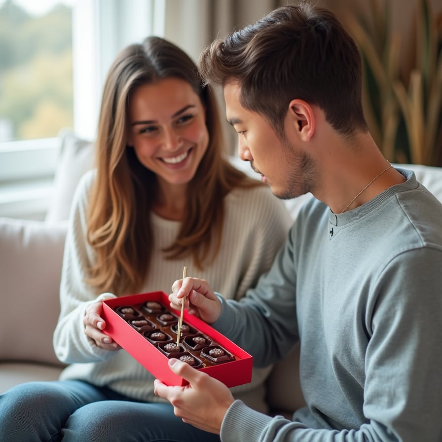 You carefully wrap a box of his favorite chocolates, adding a small handwritten note to make the gesture sweeter