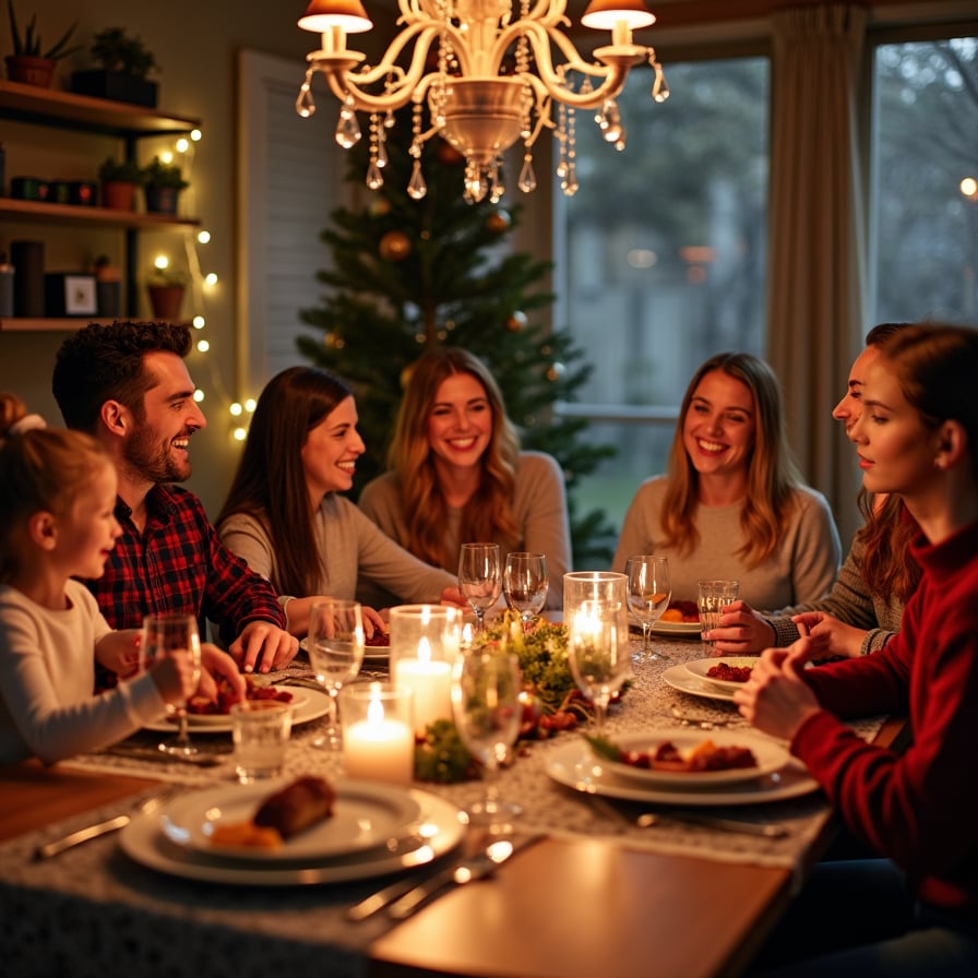 A family gathered around a decorated holiday table, laughing and enjoying a festive feast. Include candles, holiday centerpieces, and a cheerful atmosphere.