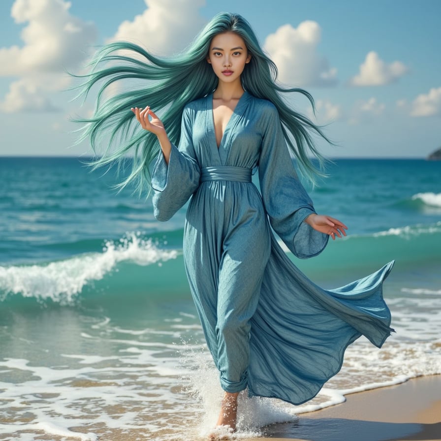 A graceful woman with flowing sea-blue hair, dressed in a robe made of shimmering fish scales. She stands on the shore, her hand outstretched as waves dance around her feet, channeling the quiet magic of the ocean, reminiscent of Ghibli's fantastical worlds.