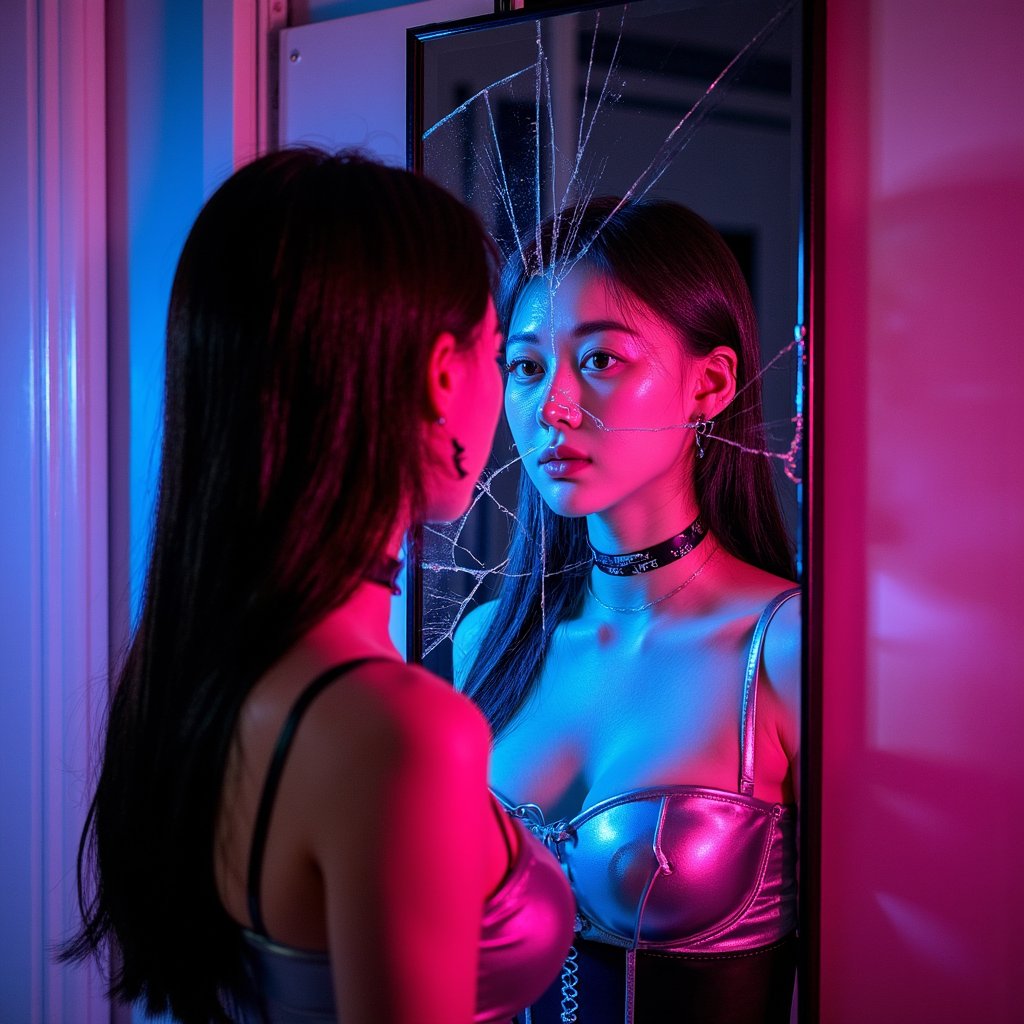 Create a moody cyber-aesthetic portrait of a woman facing a cracked mirror in a dark room, illuminated by flickering neon blue and magenta light. Her reflection appears slightly corrupted, pixels tearing and glitch trails distorting half of my face. Her hair is slicked back, I wear a metallic silver corset top with layered cyber jewelry. The room has exposed wires, holographic posters, and faint screen glow. The portrait should have a digital distortion effect, mixing realism with data corruption. The atmosphere should feel like a haunting within technology, eerie, futuristic, and cinematic.