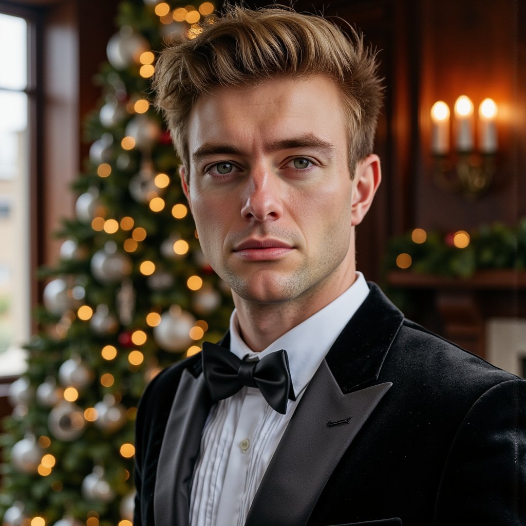 Close crop of a man in tuxedo (shawl-collar velvet dinner jacket, crisp pleated shirt, satin bow tie). Hairstyle: classic taper, slight quiff; clean shave. Fabric details: velvet nap, satin lapel reflection, micro-pleats. Camera: eye-level, 105mm macro-leaning portrait for extreme texture fidelity, f/2.0. Lighting: soft directional key (large softbox or window) + faint practical back glow from the tree for hairline separation. Background: blurred Christmas tree with crystal and glass ornaments, warm golden fairy lights; no extra props. Pose: chin slightly down, eyes centered, confident but soft gaze. Render: highly detailed, highly realistic, HDR; precise lapel edge and shirt pleat definition; natural skin pores.