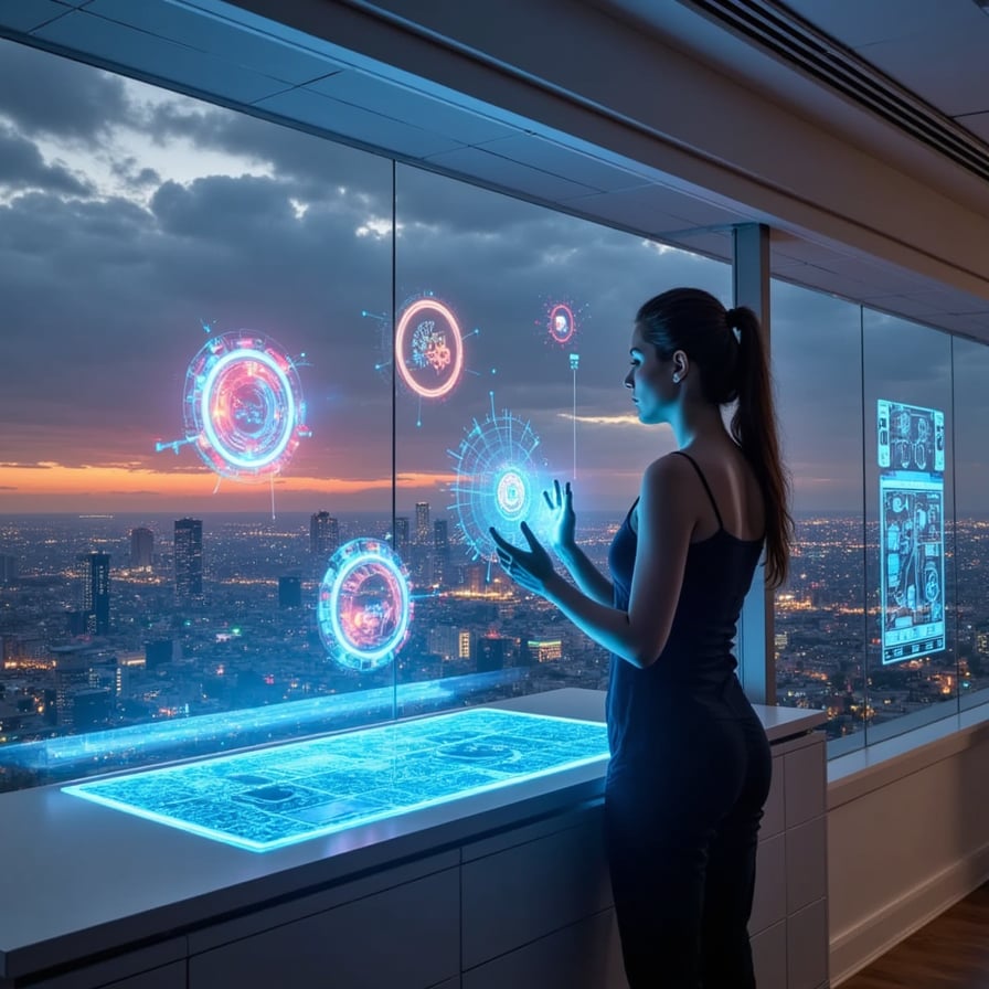 In the foreground, a tall, slender figure with glowing blue hands works diligently on a holographic workstation, their expression focused and determined. Behind them, vibrant, multicolored 3D image prototypes float and shift in mid-air, pulsing with energy. In the background, a sprawling cityscape stretches beyond a panoramic window, buildings reaching into a futuristic sky filled with floating vehicles and holographic advertisements. 



