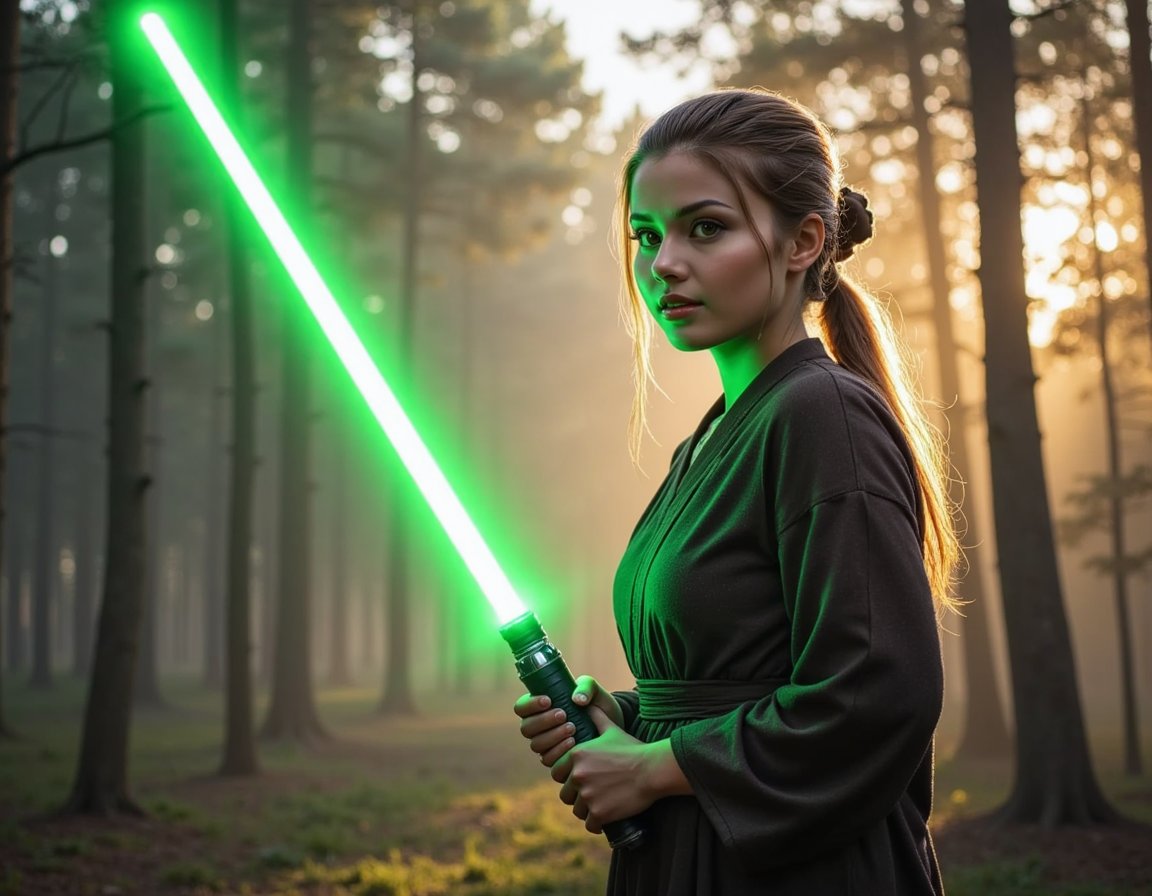 A Jedi warrior with a green lightsaber, wearing robes, standing in a misty forest