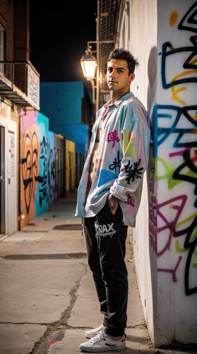 Handsome street punk, graffiti alley, detailed, hyper-realistic setting.
