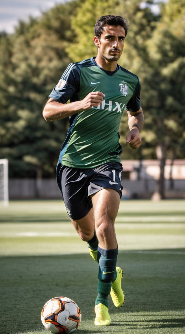 Athletic man in action, soccer jersey, green field, sunlight.
