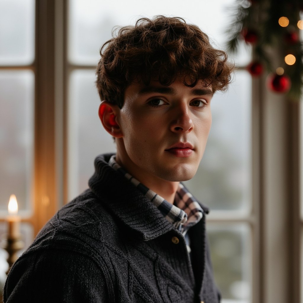 Waist-up portrait of a man standing at a frost-kissed bay window, turned 30° away from camera and gazing past the lens, off-center framing. He wears a charcoal wool cable-knit sweater layered over an oxford shirt with a slightly rumpled collar; fine wool fiber texture visible. Hair: short, side-part, lightly tousled; subtle weekend stubble. Lighting: cool north-light window key with a gold bounce fill from the right to add Christmas warmth; faint practical bokeh of a small tree in the background. Background: frosted glass with delicate condensation trails; minimal decor (a single brass candlestick out of focus). Camera: 50mm lens, f/2; highly realistic, highly detailed, HDR; crisp eye catchlights, sweater pattern sharply resolved; calm, still pose.