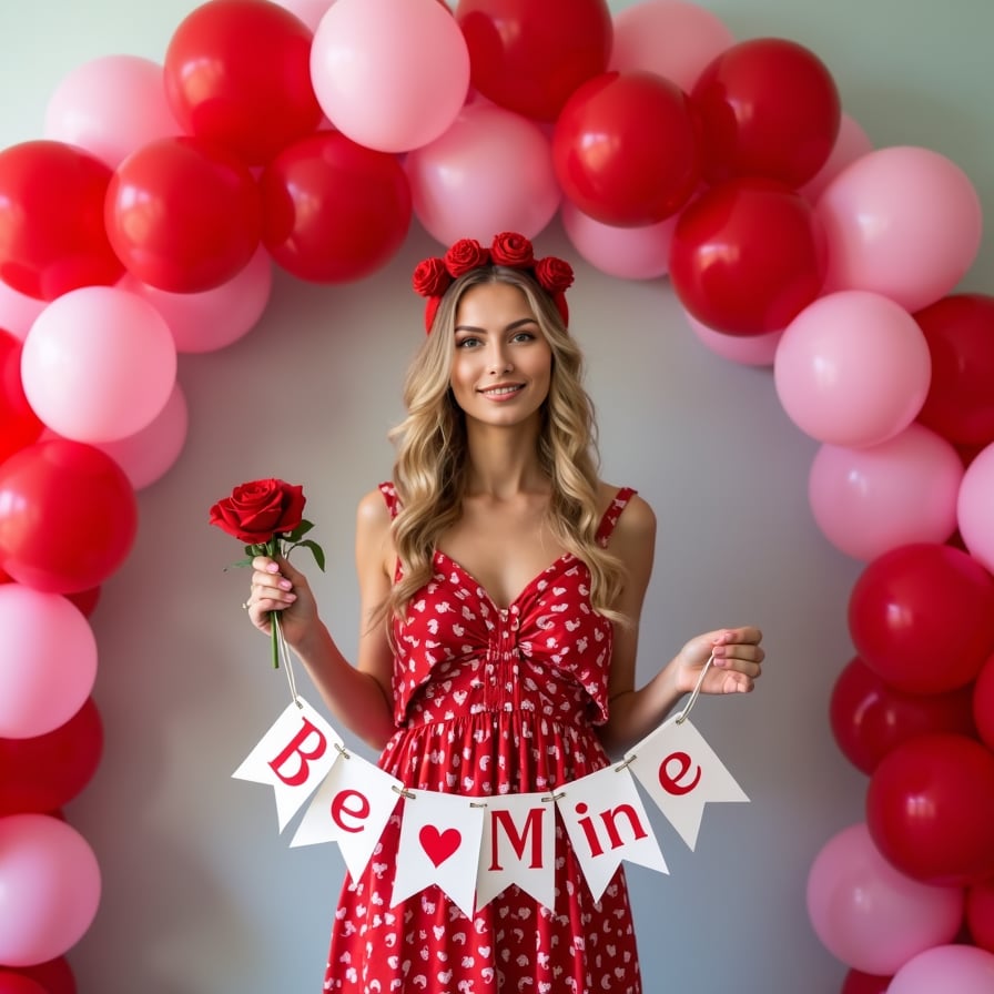 A model standing under an archway made of red and pink balloons, holding a "Be Mine" banner while wearing a heart-patterned dress and a matching headband.