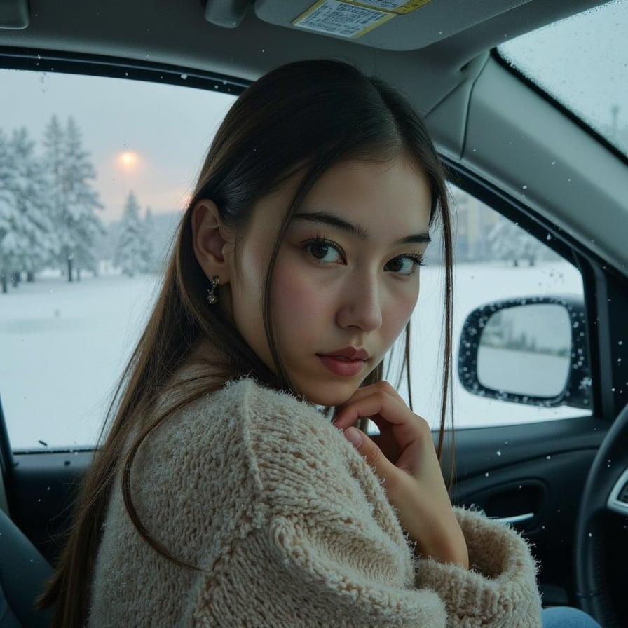 woman chest-up sitting inside a car with frosted windows, soft winter light entering from the side, snow visible outside the glass, blurred headlights in the distance, clean framing, highly detailed, HDR