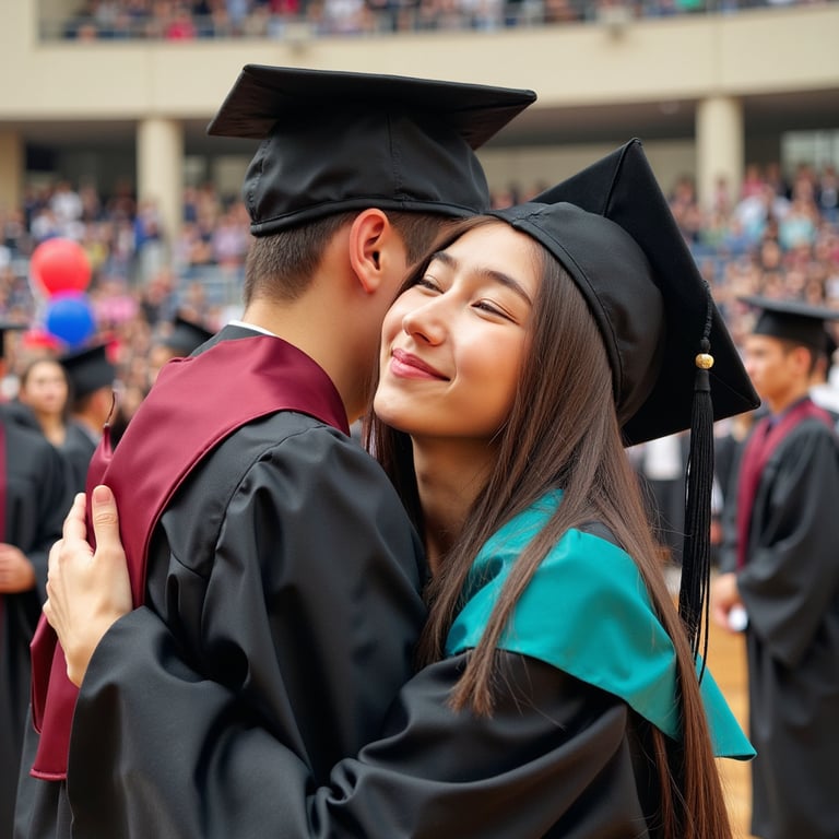 Waist-up scene showing a woman graduate and a male classmate in a warm farewell 