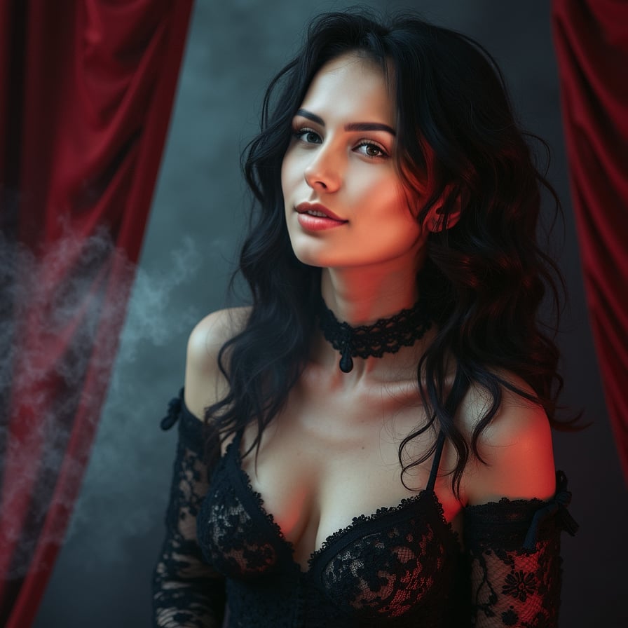 woman with a captivating vampire-inspired look, donning dark attire with lace details, showcasing exposed sharp fangs, against a mysterious, dimly lit, velvet-draped backdrop with subtle hints of mist.