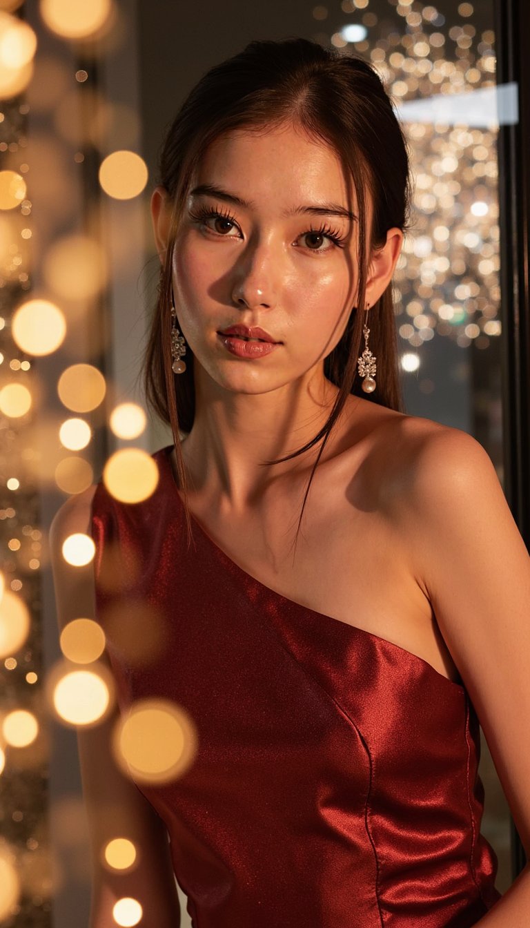 A highly realistic portrait of a woman dressed in an elegant New Year outfit, soft warm lighting, subtle fireworks bokeh in the background, clean composition suitable for a greeting card, shallow depth of field, polished festive mood, high detail, HDR, minimal background clutter