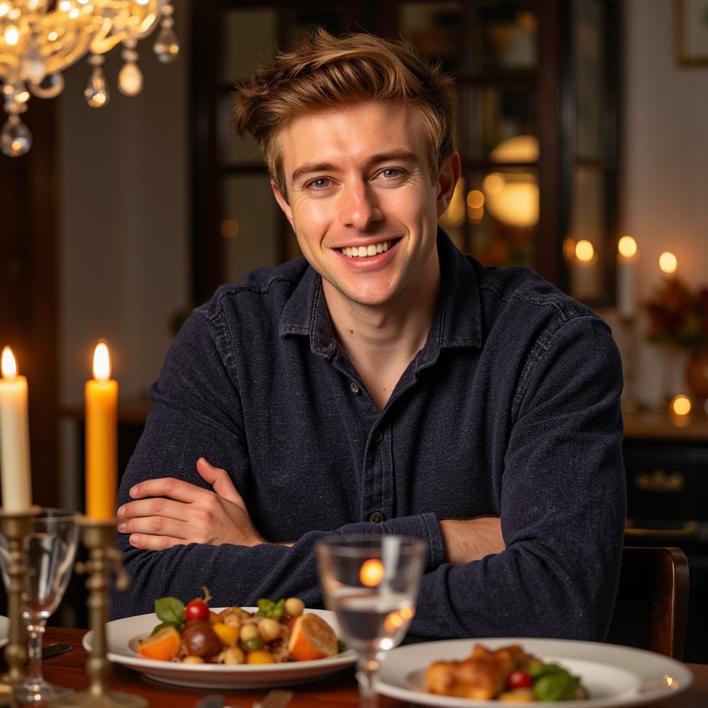 Highly detailed, highly realistic, hyperrealistic HDR waist-up portrait of a man (male, ~32 yrs) seated close to a Thanksgiving table. He wears a dark navy collared shirt with sleeves rolled to mid-forearm. The lighting comes from an overhead chandelier and side candlelight, producing warm highlights along his cheekbones and hairline. His expression open and gentle, as if mid-conversation. Background blurred — visible warm tones of wood, glass reflections, and hints of food platters without clutter. Detailed fabric weave, skin texture, and candle reflections give tactile realism. HDR, high resolution, high quality, highly detailed, photorealistic.