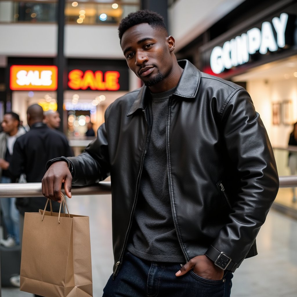 A confident man (male) waist-up, resting one forearm on a brushed-steel railing, two matte paper shopping bags dangling loosely from the other hand. Hairstyle: textured quiff; grooming: short stubble beard. Attire: black lambskin biker jacket with fine pebble grain over a charcoal ribbed henley, dark rinse denim visible at the waist; simple black silicone watch. Pose: relaxed three-quarter turn toward camera, shoulders squared, eyes engaged; still. Camera: 50mm, f/2, slight above-waist crop. Lighting: soft skylight key from above with bounced fill; subtle edge from storefront LEDs behind. Background: blurred escalator with SALE banners, grey terrazzo floor bokeh; minimal passerby clutter. Texture detail: jacket stitching, rib knit pattern, bag fiber. Highly detailed, highly realistic, HDR, high resolution.