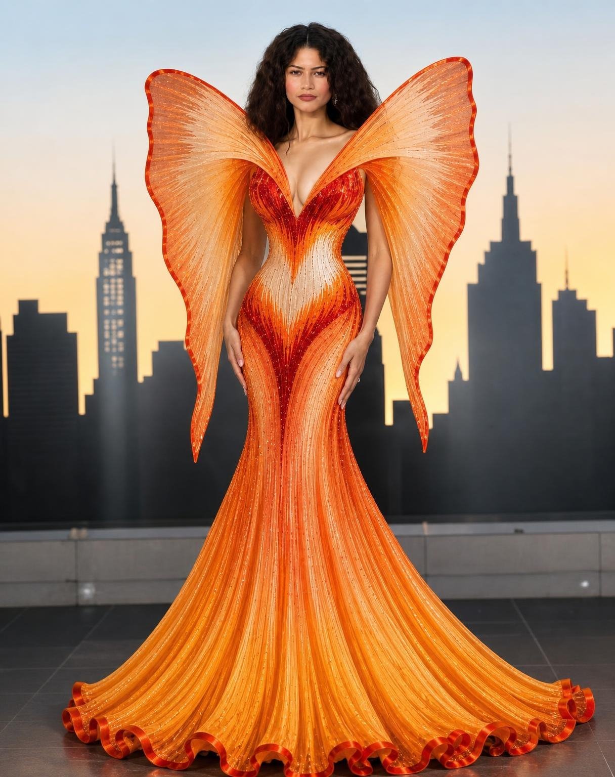 take the orange butterfly gown from the RIGHT side of the reference collage and put that EXACT gown on the woman on the LEFT. This is a strict outfit transfer, NOT a redesign.
Preserve the woman exactly as she appears: same face, facial features, curly hair, skin tone, body shape, bust, waist, hips, arms, pose, expression and original event background. Do not change or reshape her body or face.
Remove ONLY her white dress and replace it with the complete orange butterfly gown from the mannequin, preserving its exact design: the same deep V sculpted bodice, orange-red-cream gradient pattern, sparkling vertical detailing, fitted mermaid construction, huge translucent butterfly-shaped shoulder wings with red-orange borders, long pointed lower wing sections, and the wide pleated orange floor-length flare with curled red edging.
The wings are part of the dress and must remain the same size, shape and placement as the mannequin reference. Do not turn them into generic fairy wings or place them behind her like separate wings.
Fit the original gown naturally around her existing proportions without making her slimmer or curvier. Extend the framing vertically only as needed to show the complete gown from head to floor, including the entire flared hem.
Final result: ONE woman only, no mannequin, no second woman, no collage. Keep her original background and lighting. Photorealistic real-event photography, natural skin texture, realistic fabric and beadwork. No AI look, no text, no watermark.