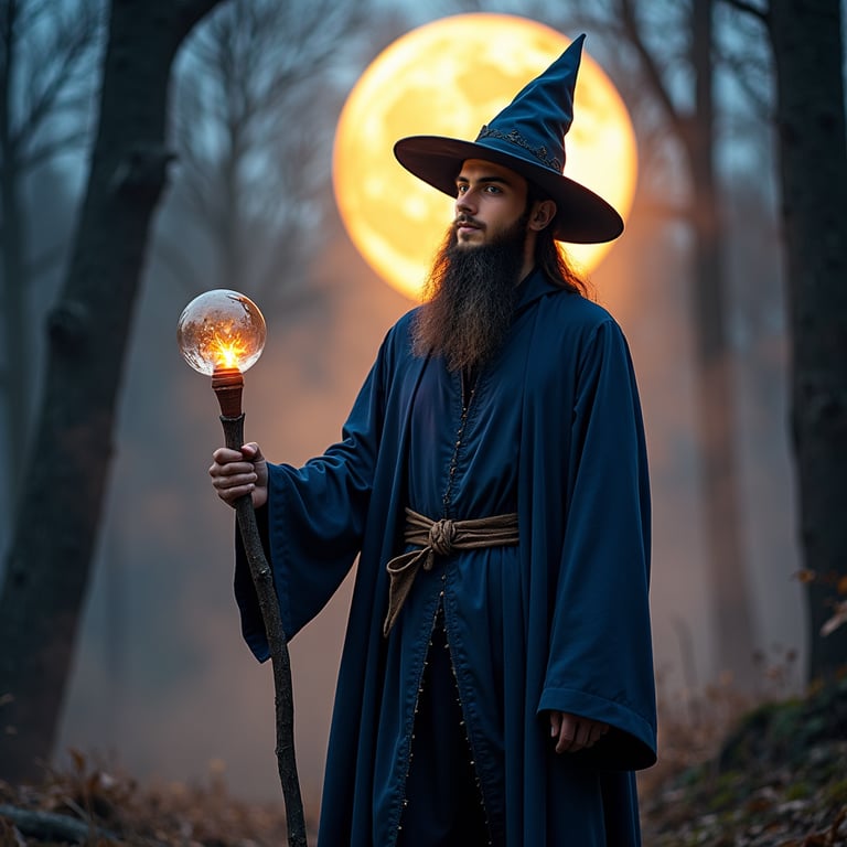 man in stylish navy blue outfit, moon shining brightly in the dark night sky beh