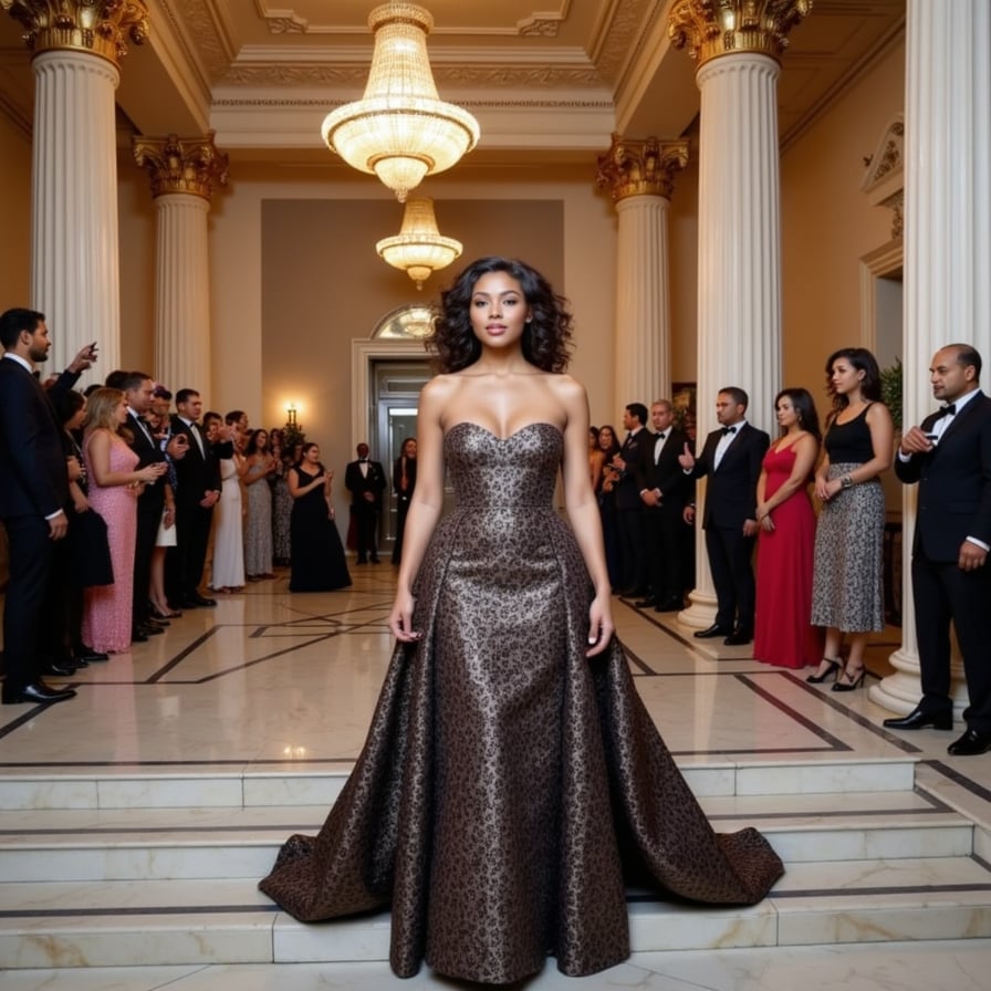 In the foreground, a dazzling female celebrity poses atop a grand staircase, adorned in a sculptural haute couture gown with bold silhouettes, intricate textures, and surreal metallic accents. Her confident posture and poised gaze captivate the cameras, while photographers clamor to capture every angle. Surrounding her, the scene glows with velvet ropes, ornate gold details, and gleaming marble.  In the distance, soft cinematic lighting and diffused shadows illuminate the scene, adding depth and drama, evoking the aura of a high-fashion Vogue editorial.