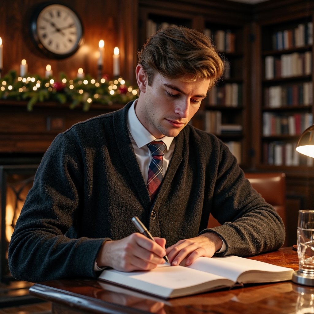 Man at a vintage mahogany desk writing in a leather-bound notebook, soft lamplight on his face. Hairstyle: side-part, slightly undone; faint stubble. Attire: thick wool cardigan over white oxford shirt, plaid tie loosened. Fabric details: wool knit definition, cotton creases, polished leather edge of notebook. Camera: side angle, 70mm, f/2.2. Lighting: single warm brass lamp key, shadows cast across hands and pages. Background: blurred bookshelves, clock, faint holiday garland—balanced composition. Pose: leaned forward, focused expression.
Render: highly detailed, highly realistic, HDR; light reflecting on ink pen, paper grain visible, lifelike ambiance.