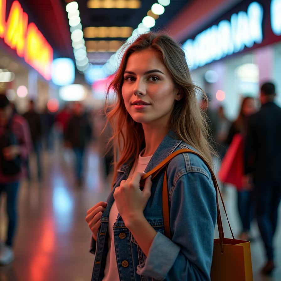 A young woman with a big smile, holding a shopping bag and standing in front of a bright, neon-lit Black Friday sale background