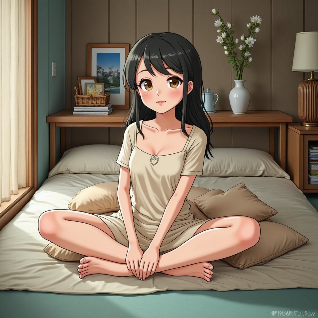 Medium to wide angle shot of a woman, relaxed pose, front camera perspective. Styled in Studio Ghibli’s signature anime look with soft colors, painterly details, and subtle facial expressions. The overall vibe is cozy, storybook-like, and reminiscent of classic animated films.