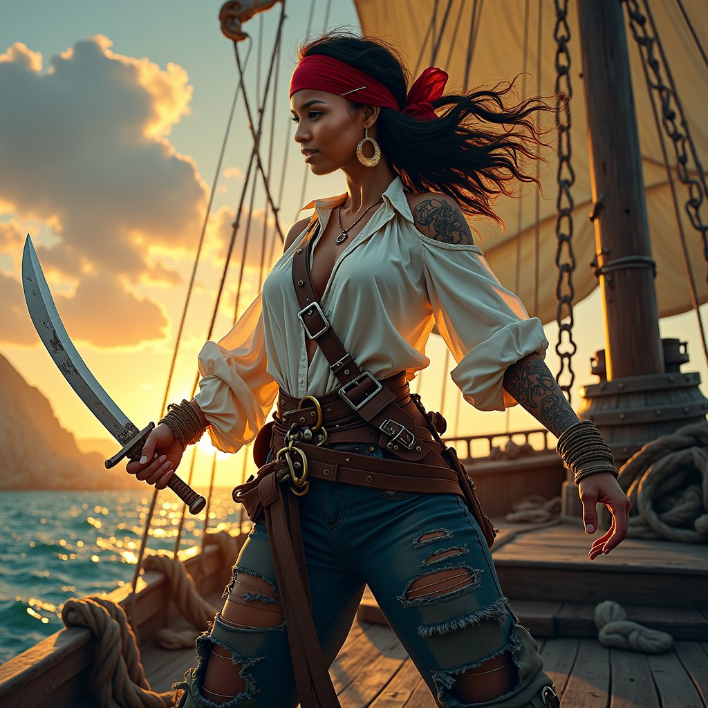 woman wielding a sword in a powerful, dynamic pose, dressed in rugged pirate attire with a flowing white shirt, billowy pants, and a wide leather belt, standing on the deck of a weathered pirate ship with tattered sails and a worn wooden hull, under the warm glow of a sunset with a hint of mist in the background, surrounded by ropes, anchors, and other nautical elements, with a sense of freedom and adventure.