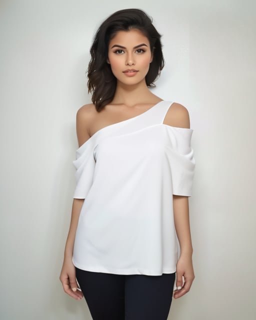 A sharply dressed executive, stands confidently with feet shoulder-width apart against a plain white wall, bathed in soft, warm natural light, surrounded by minimalist decor 