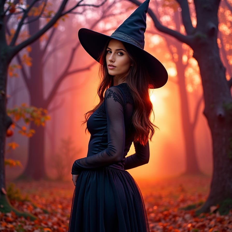 Witch costume woman, spooky backdrop, Halloween decorations, full-body.