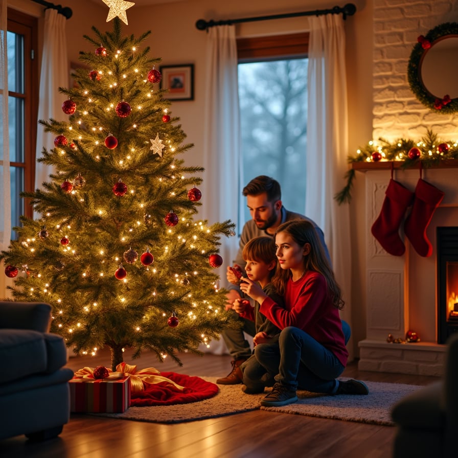 A cozy living room scene featuring a family decorating a Christmas tree with ornaments, lights, and garlands. The tree is partially adorned, and the atmosphere is warm with glowing fairy lights, holiday stockings on the mantle, and a soft snowfall visible through the window.