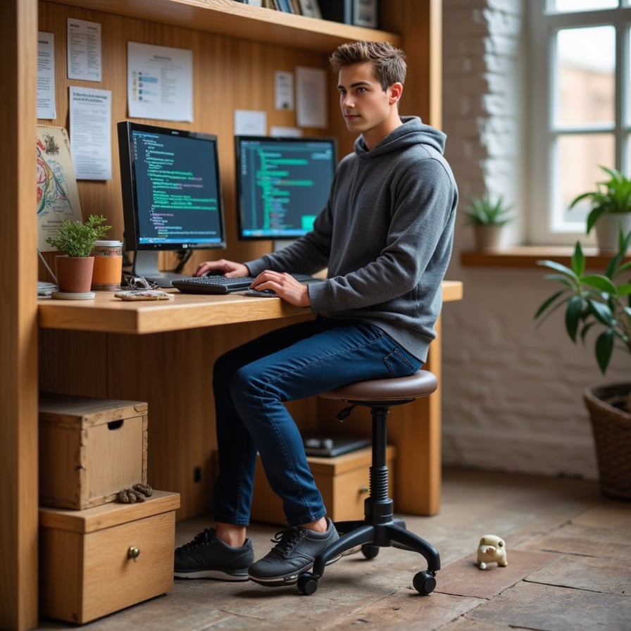 A hoodie-wearing figure at a mini standing desk with dual monitors, keyboard, coffee mug, and code notes stuck on the packaging wall.