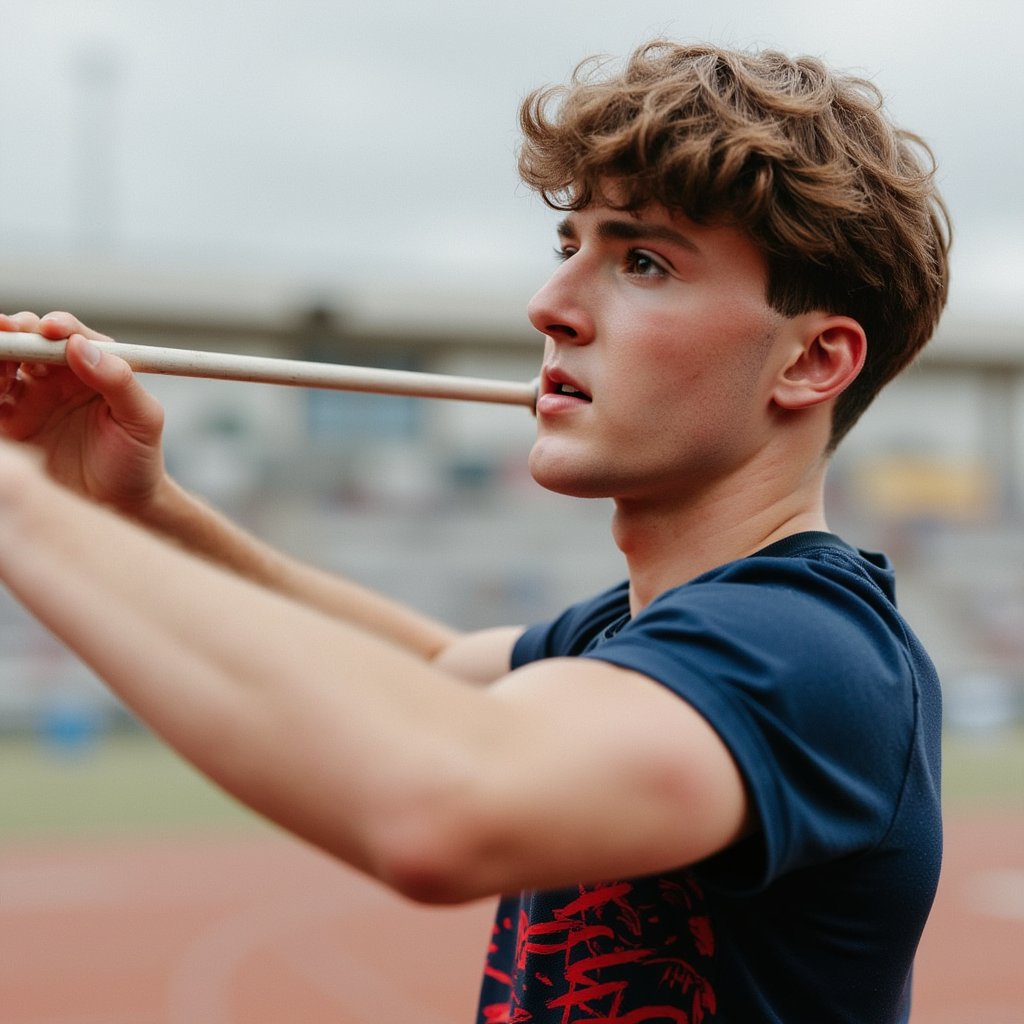 Headshot of a javelin thrower mid-focus before the throw, face calm but intense, sky and stadium in soft blur behind, athlete in national jersey
