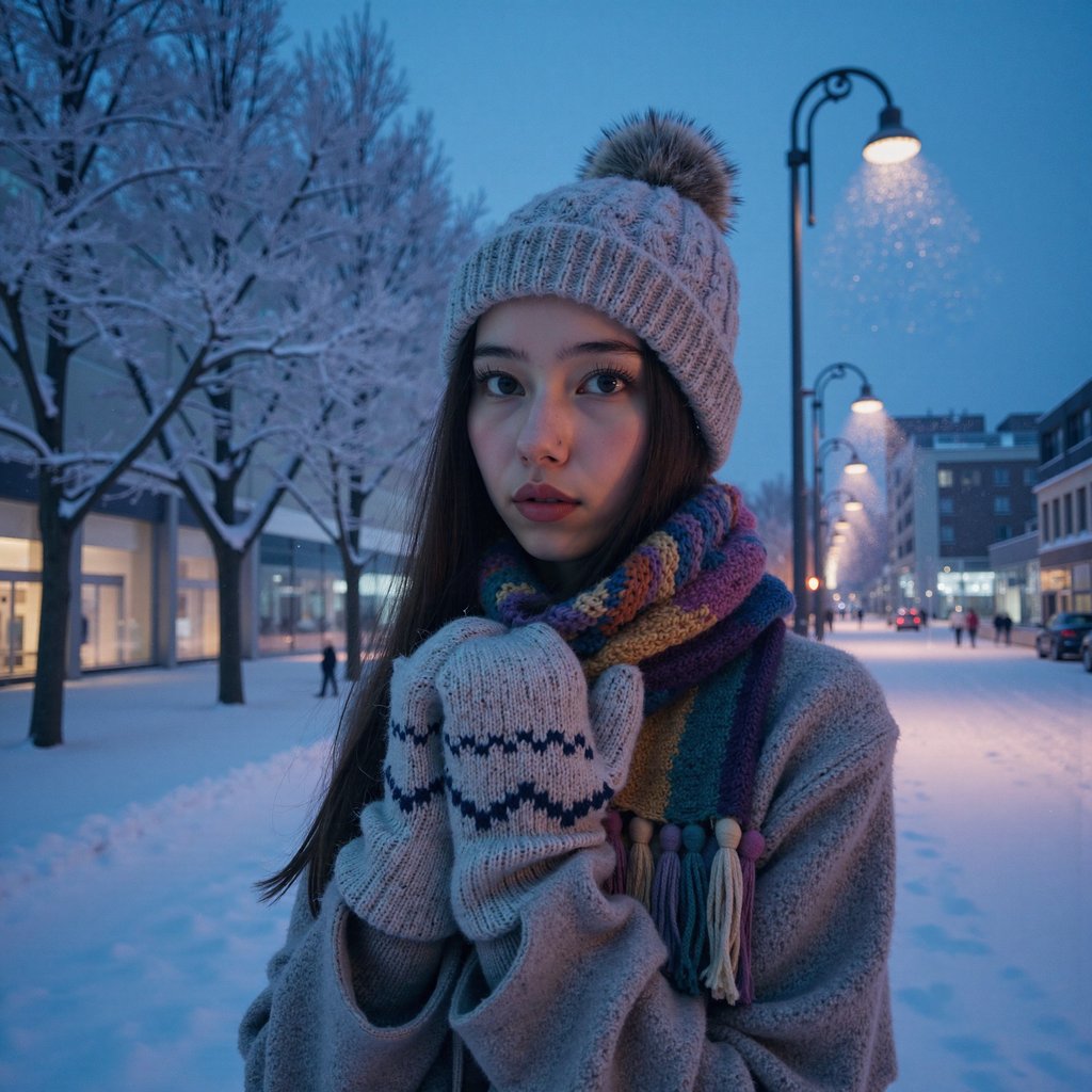 “female portrait, ultra-detailed waist-up side profile of a woman standing outdoors in a snowy landscape at blue hour, camera positioned at eye level and slightly angled forward to capture the breath vapor leaving her lips, highly realistic HDR lighting with cool blue ambient tones, faint warm rim-light from distant street lamps touching the edges of her hair.
Her hair is long, dark, and softly curled, partially tucked inside a thick cable-knit beanie with a large pom-pom; the wool fibers are clearly visible with micro-textures illuminated by the cold light. She wears patterned Nordic mittens wrapped around her torso in a self-hug posture, and a heavy textured winter coat with a soft, grainy wool surface. A thick multicolored scarf with woven tassels drapes naturally around her neck, fabric folds showing individual yarn strands.
Slow, soft snowfall around her, flakes catching highlights as they pass the lens. Background is a deep winter blue with frosted tree branches above her, coated in a thin layer of ice, all softly blurred to create cinematic depth. The scene is highly realistic, highly detailed, HDR, high resolution, clear facial focus with subtle skin texture, breath condensation visible in the cold air, minimal background clutter, serene winter mood.”