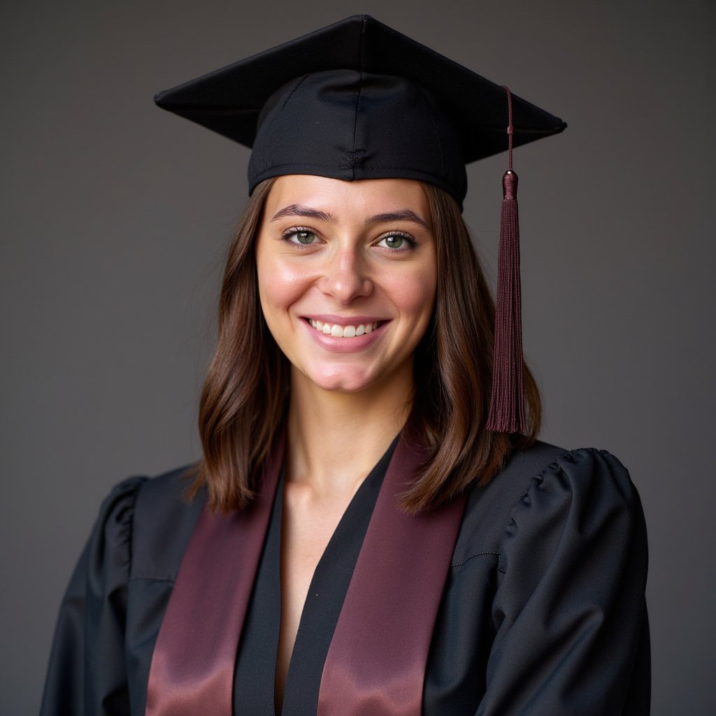 Portrait of a woman graduate, tight head-and-shoulders framing, wearing a matte black graduation gown with a burgundy satin stole and a fitted mortarboard (tassel draped on the right, silk threads visible); soft waves hairstyle tucked behind one ear, subtle natural makeup with defined lashes and soft rose lip; gentle confident smile, eyes bright; camera straight-on at eye level with a slight 3/4 shoulder turn; 85mm lens, f/2, ISO 100, 1/200s; clamshell lighting (large softbox above-camera + silver reflector below) for even skin, delicate catchlights; seamless dark gray backdrop with a faint, out-of-focus university seal pedestal off to one side; textures visible in the gown’s matte crepe folds and the stole’s satin sheen; minimal clutter, shallow depth of field, clean bokeh, ultra-sharp eyes, highly detailed, highly realistic, HDR.