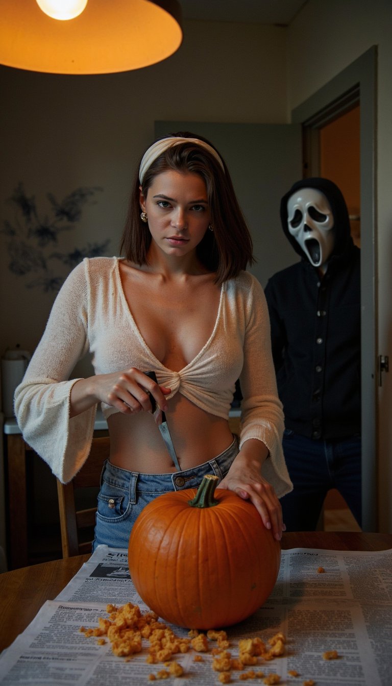 A woman stands at a retro-style wooden kitchen table, carving into a pumpkin with a small knife. She wears a cropped knit cardigan with bell sleeves and flared jeans, styled with hoop earrings and a silk scarf in her hair. Her makeup is simple yet sharp with glossy lips. Pumpkin guts and seeds spill onto newspaper spread across the table. The dim amber kitchen lamp casts heavy shadows across the room. In the doorway behind her, ghostface from scream can be seen, his pale mask barely lit against the dark hallway.