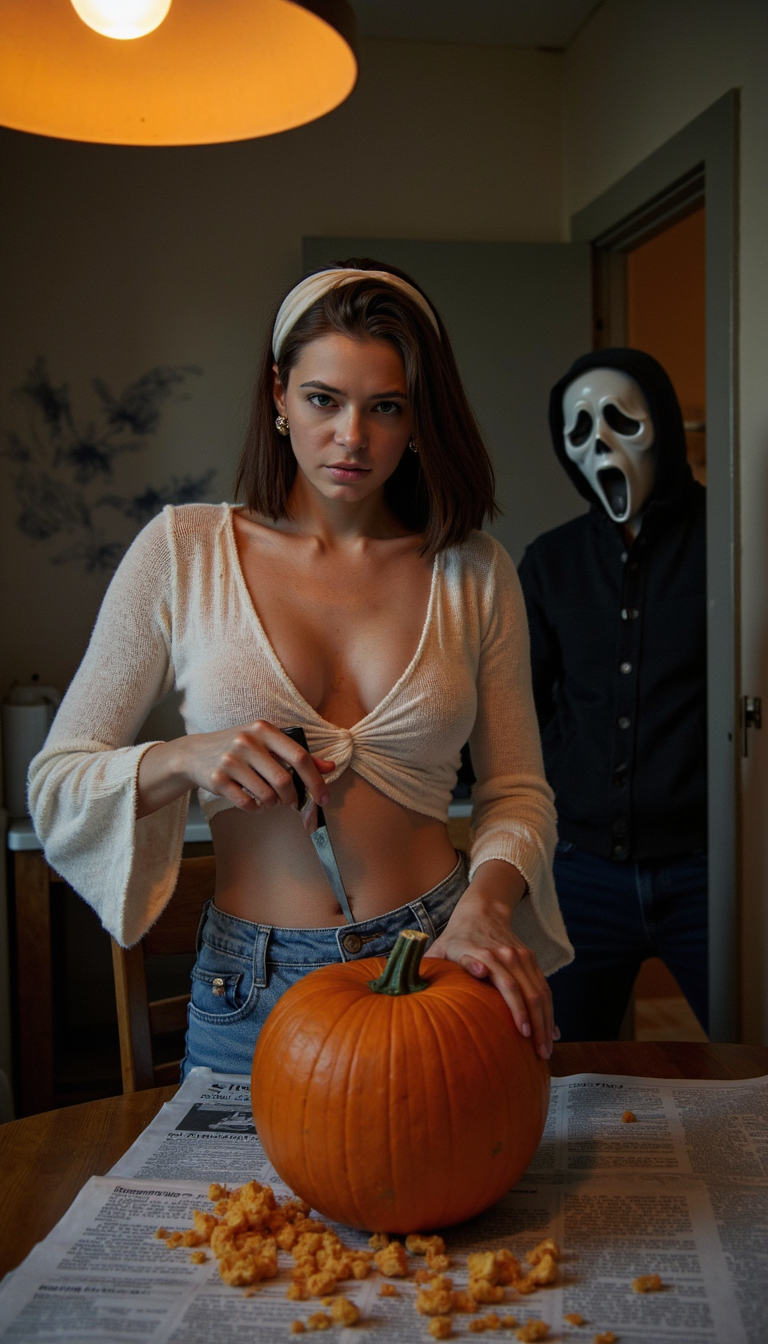 A woman stands at a retro-style wooden kitchen table, carving into a pumpkin wit