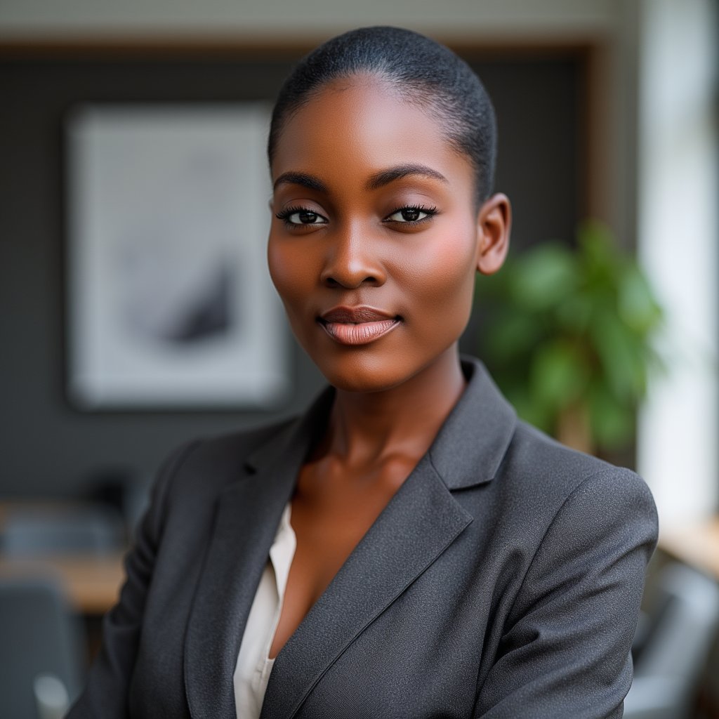 A super-realistic close-up headshot of a woman in her mid-30s wearing a fitted charcoal blazer. Natural light makeup, soft peach lipstick, minimal eye shadow. Clean blurred office background. Sharp jawline, subtle skin texture, realistic hair strands visible. Slight half-smile, direct eye contact.