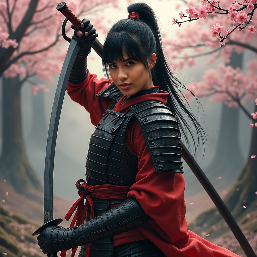 Japanese samurai girl in traditional armor, posing confidently with a katana sword, hint of determination in her eyes, against a dramatic, misty Japanese landscape background with cherry blossom trees.