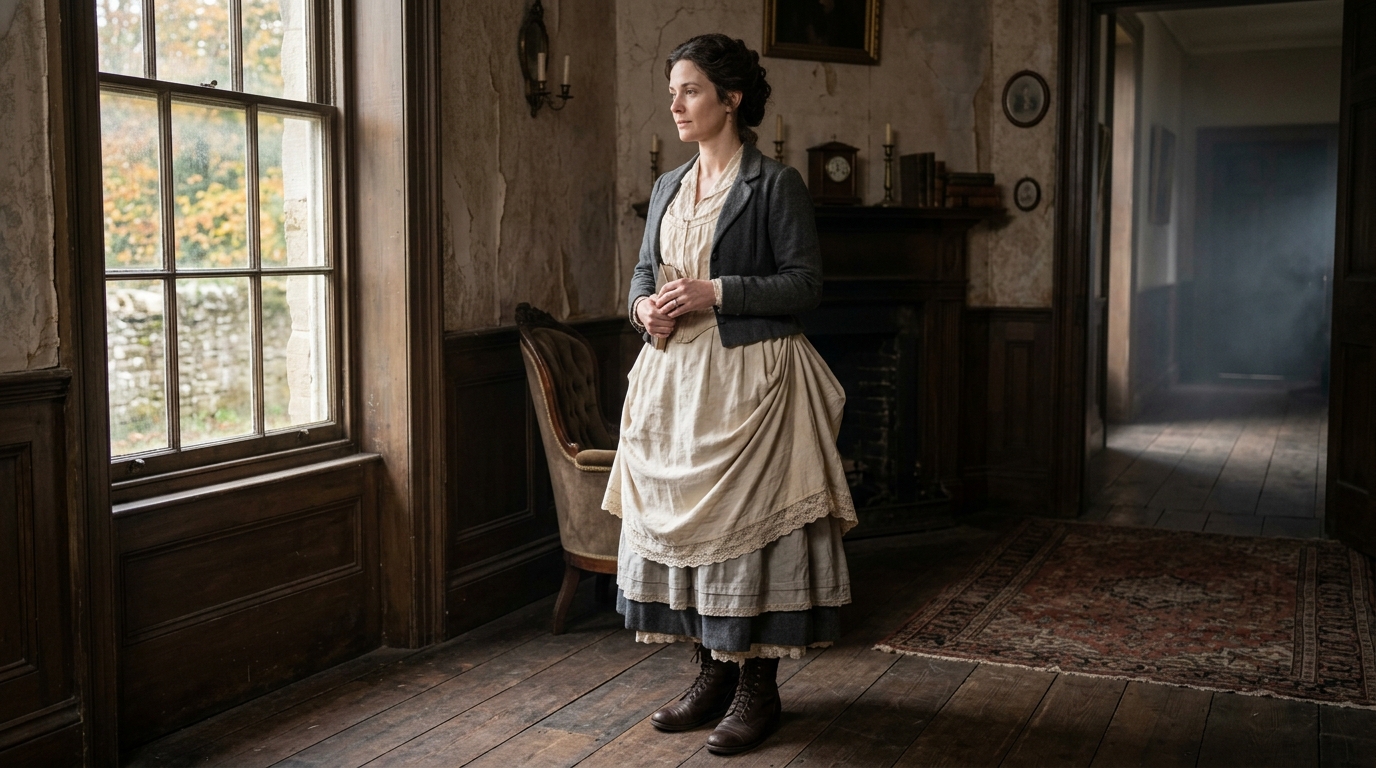 Victorian ghost costume with pale layered clothing