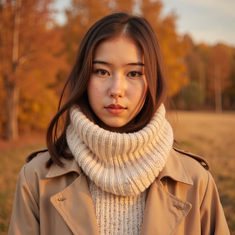 Highly detailed, highly realistic, hyperrealistic HDR close-up portrait of a woman (female, ~27 yrs) standing outdoors during late afternoon golden hour. Camera head-and-shoulders, focus tight on face, background blurred into soft amber foliage. She wears a light tan trench coat with collar folded open and a cream knit scarf wrapped loosely around her neck. Her hair is chestnut brown, soft waves catching the sun. The light creates warm rim highlights and soft bokeh flares around her silhouette. Skin texture visible with faint freckles and rosy undertones. Expression calm, gentle smile. Background purely color field of gold and rust tones — no clutter. HDR, high resolution, high quality, highly detailed, photorealistic.