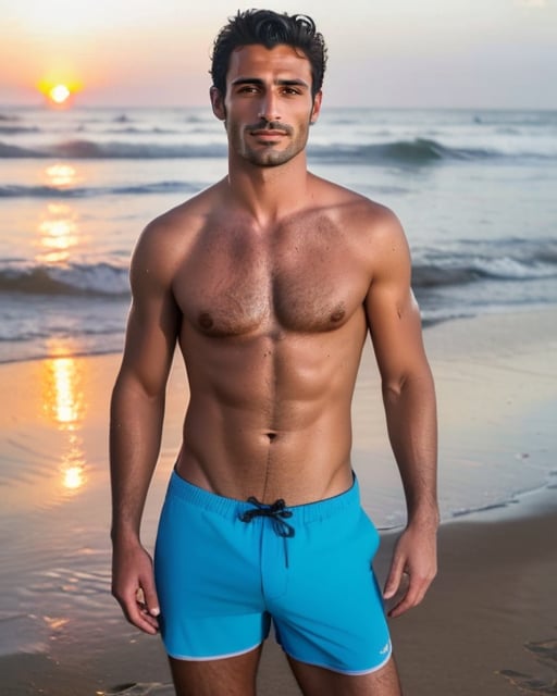 Handsome, toned beach man, sunset backdrop, wet skin, relaxed.