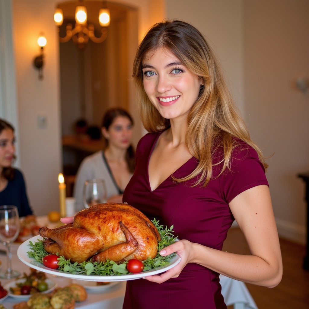 Hyperrealistic, highly detailed HDR waist-up portrait of a woman (female, ~30 yrs) holding a carved turkey platter, standing near a dining table. She wears a deep maroon dress with subtle satin sheen; hair loose in natural waves. Camera straight-on at eye level, focus on her bright smile and the glistening roast turkey she’s presenting. Background softly blurred — warm bokeh of family members seated, candles glowing, and amber-gold table décor. Candlelight highlights her face and creates gentle reflections on silver utensils. Details visible: skin pores, hair strands, turkey texture, linen folds. Radiant, joyful Thanksgiving tone. HDR, high resolution, high quality, highly detailed, photorealistic.