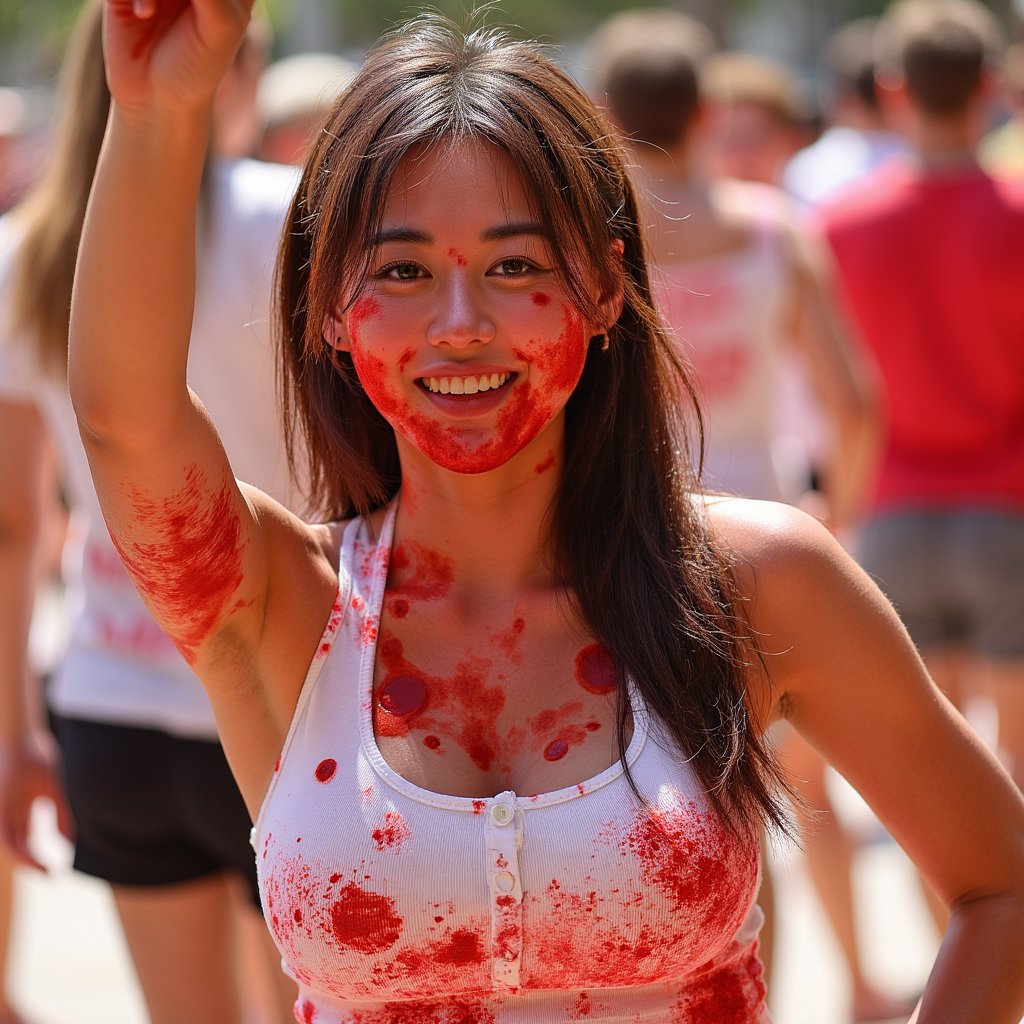 Knee-up portrait of a woman in a white tank top soaked with tomato sauce, one hand raised mid-throw, sunny outdoor light, La Tomatina energy