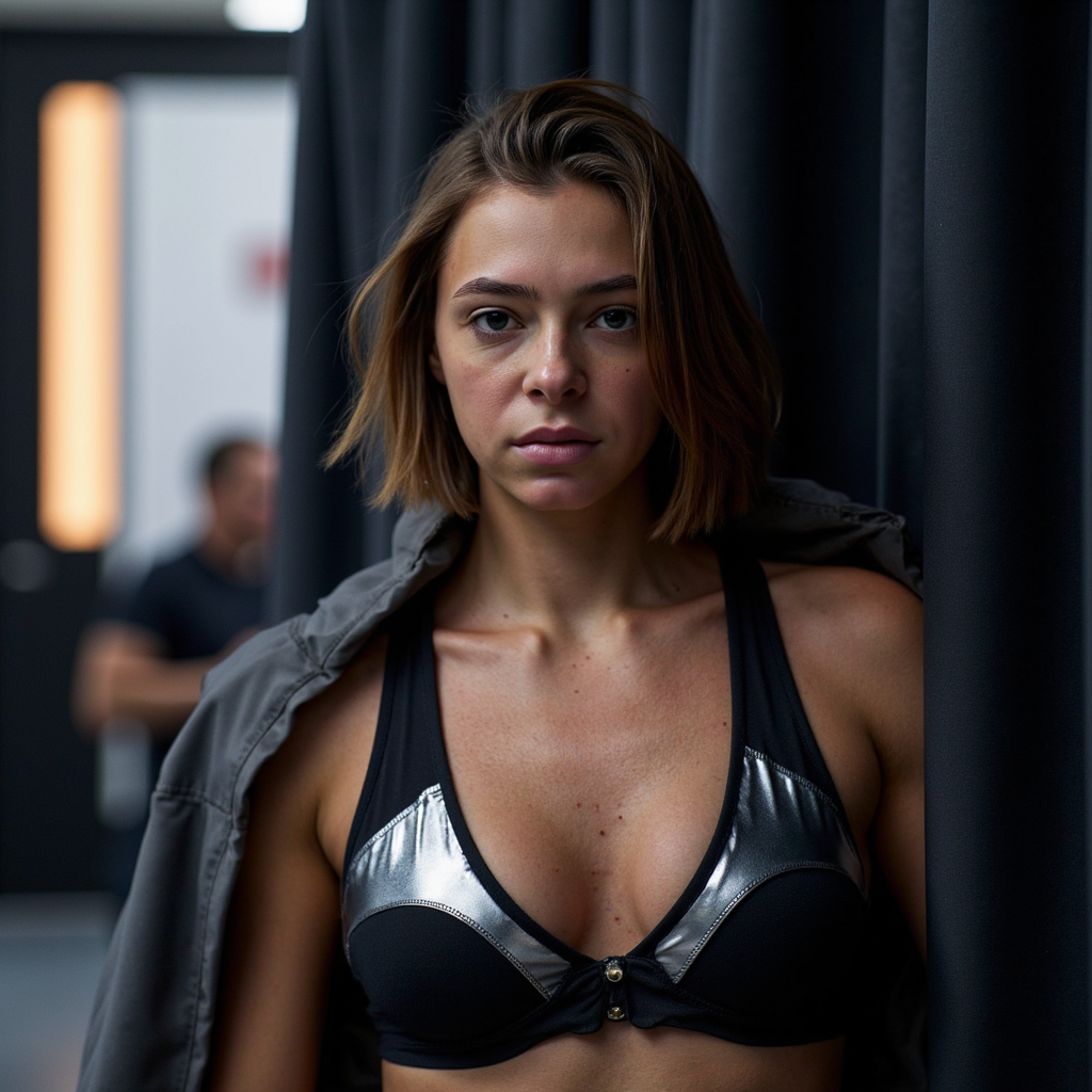 A cinematic, highly realistic WWE Royal Rumble backstage close-up of a female wr