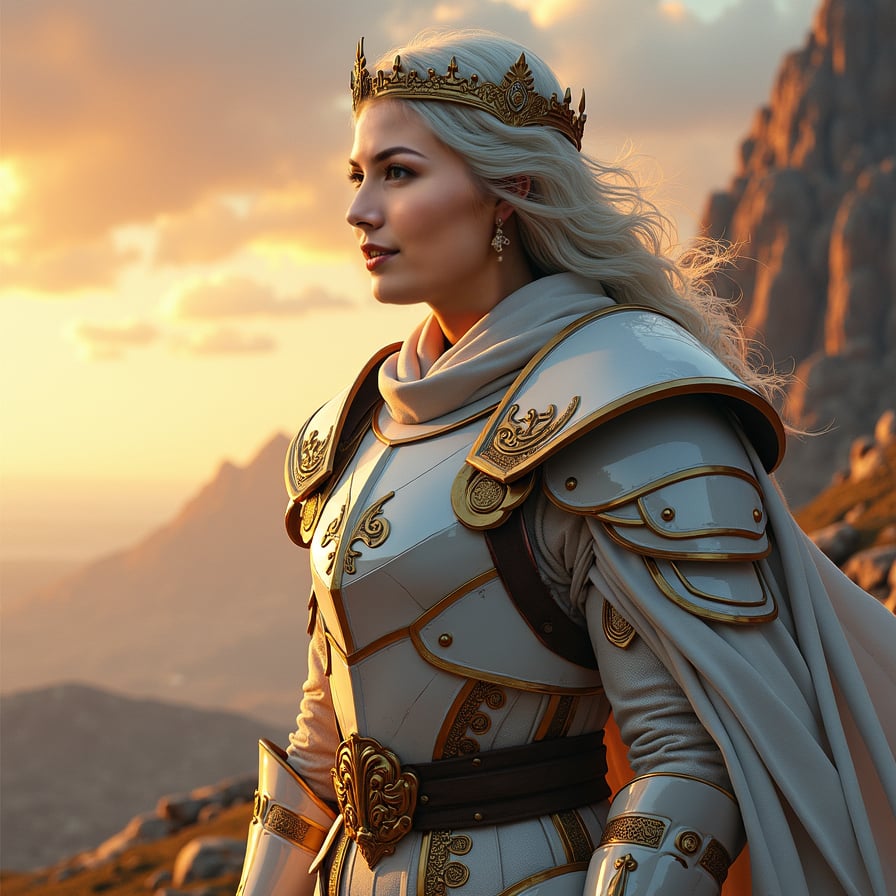 Female paladin, white armor, detailed, magical backdrop.