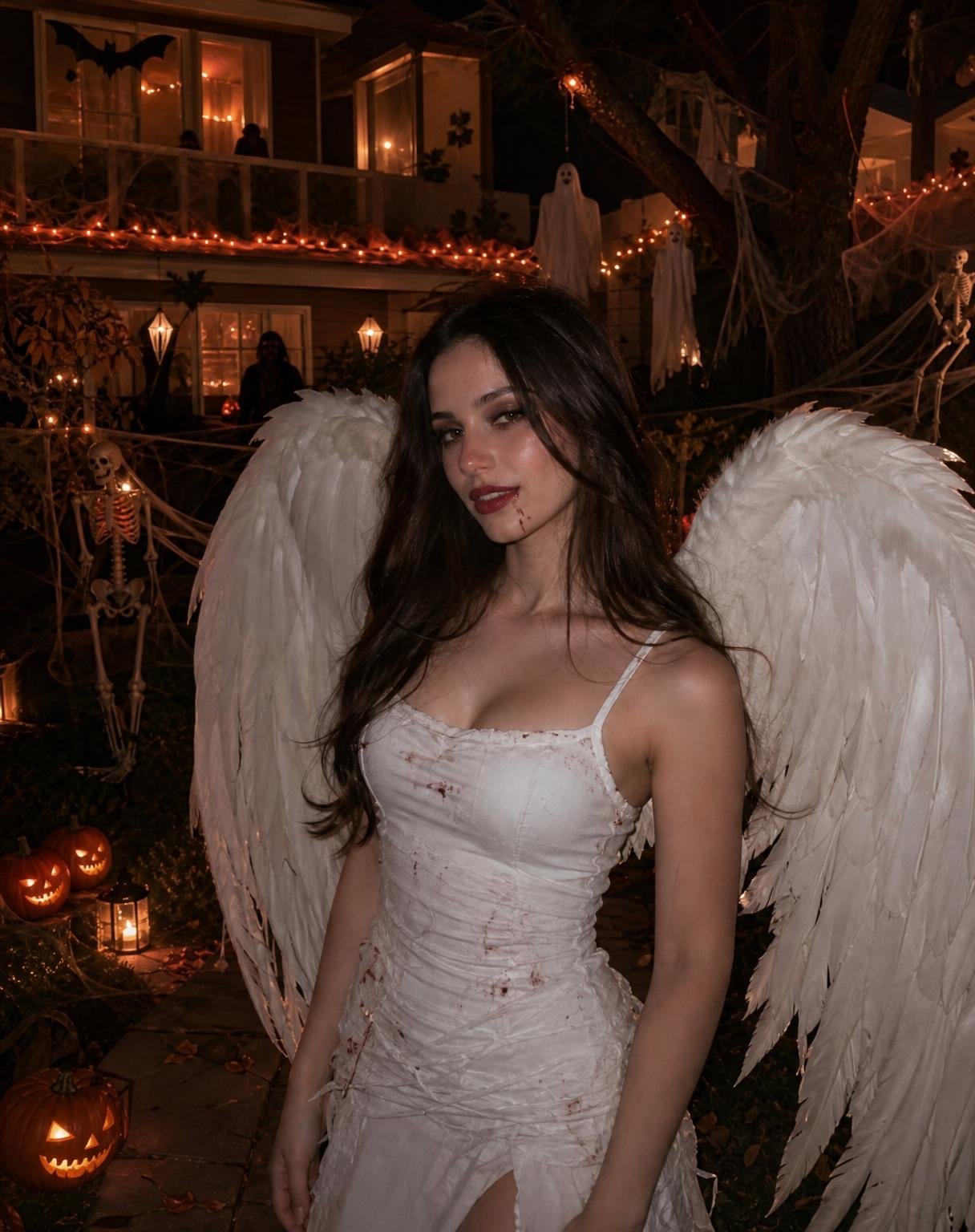 Use the provided reference image strictly for facial identity only. Preserve her recognizable facial features, but do NOT copy the reference image’s makeup, hairstyle, head angle, facial expression, or pose. Create these details independently.
Create an extremely realistic, Pinterest-style Halloween photograph of her dressed as a haunting fallen angel. She wears a fitted, slightly distressed ivory-white dress with subtle dark-red fake blood stains and enormous, beautifully detailed white feathered angel wings. Give her eerie Halloween makeup with pale-looking skin, softly smudged dark eye makeup, deep muted-red lips, and a little realistic fake blood near the corner of her mouth. Her hair should look naturally styled, with a few loose strands framing her face.
SETTING: A real residential home’s backyard at night during a Halloween party. The entire backyard is decorated for Halloween, with warm orange fairy lights, glowing carved jack-o’-lanterns, hanging white ghosts, black bats, fake spiderwebs across fences and tree branches, skeleton decorations, candles in lanterns, and subtle spooky details around the garden. Show a cosy house exterior in the background with warm light glowing through its windows, suggesting a Halloween party is happening inside and outside the house. The decorations should be clearly recognizable but arranged naturally, like a real person decorated their home for a party—not a commercial haunted-house attraction.
COMPOSITION: The girl is the unmistakable main subject, photographed from approximately mid-thigh upward. Her face, costume, and large white wings are clearly visible and sharply focused. The decorated backyard and house remain visible behind her, creating a rich Halloween atmosphere without overpowering her. Use a natural, slightly candid pose, as if a friend took the picture during the party.
PHOTOGRAPHY STYLE: Authentic iPhone night photography with subtle direct flash, realistic skin pores, natural facial texture, individual hair strands, genuine fabric wrinkles, slightly imperfect framing, believable shadows, and subtle camera grain. Warm orange Halloween lights contrast naturally with the cool white costume and wings. Moody, haunting, effortlessly beautiful, and aesthetically pleasing—like a real Halloween photo found on Pinterest.
IMPORTANT: The final image must look like an actual photograph of a real person at a Halloween party. Avoid plastic skin, excessive beauty filters, artificial-looking wings, CGI effects, overdramatic cinematic lighting, oversaturated orange tones, excessive blood, a blurred or dominant background, and the typical polished AI-generated appearance. No text, no collage, no watermark.
