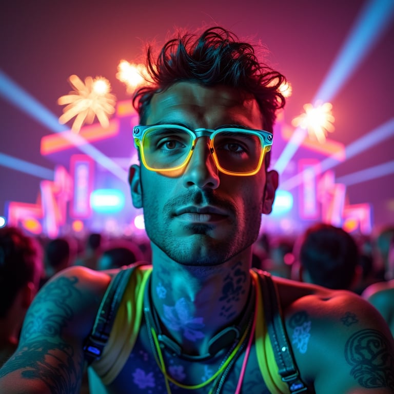 A young man facing the camera at a vibrant music festival, smiling with exciteme