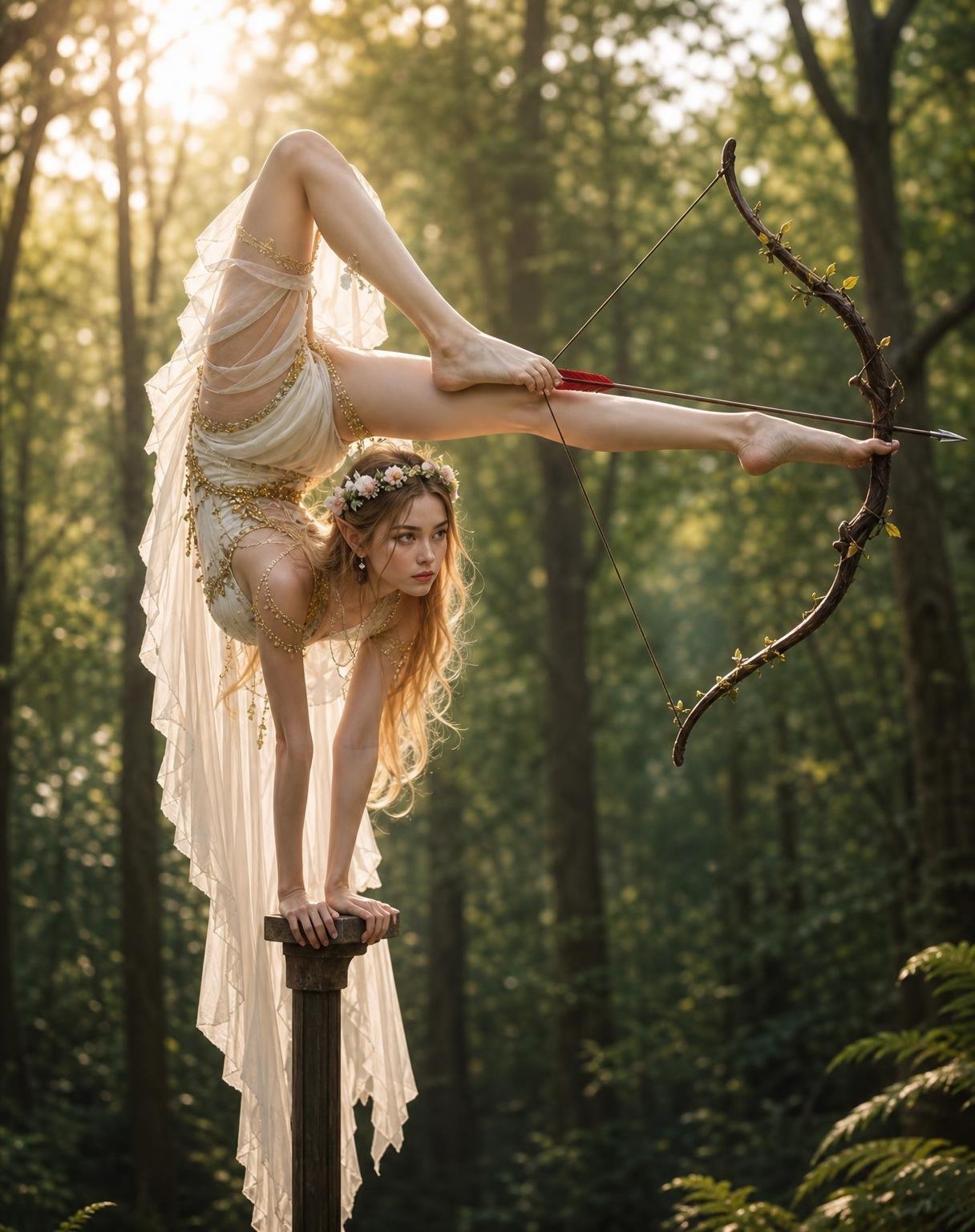 Use the LEFT image as the exact character and visual reference, and the RIGHT image ONLY as the pose reference. Recreate the woman from the left image photorealistically in the EXACT extreme contortion archery pose shown in the right drawing: balancing vertically on both hands on a narrow pedestal, torso inverted, one leg bent tightly over her body, and the other leg extended perfectly horizontally toward the bow. She must hold and operate the bow/arrow with her FEET exactly as demonstrated in the pose reference. Match the right reference’s body orientation, limb placement, leg angles, handstand balance and bow position as closely as physically possible. Preserve the woman’s same face, blonde hair, flower crown, pointed elf ears, white-and-gold flowing fantasy dress, jewelry and original forest aesthetic from the left image. Adapt the flowing fabric naturally around the new pose without changing the outfit design. Realistic human anatomy, correct hands and feet, one person only, one bow, one arrow. Cinematic DSLR photography, natural warm forest sunlight, realistic skin and fabric texture. Final output must be ONE photorealistic image — do not recreate the collage, drawing, split screen, text or reference sheet.