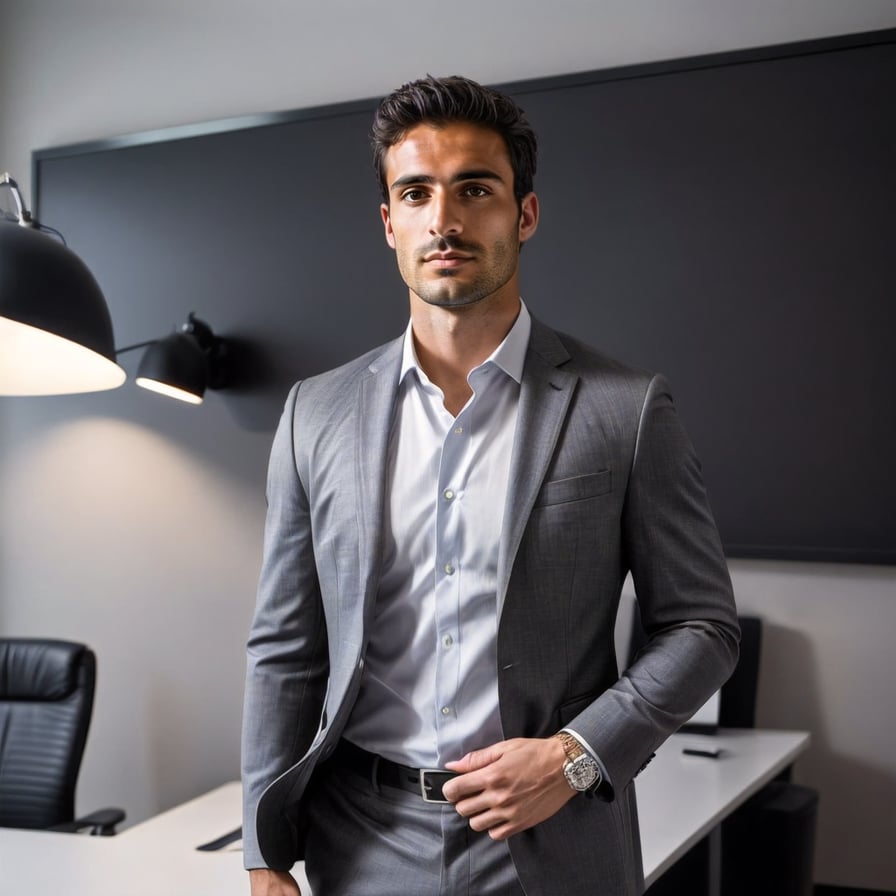 Man in modern, sleek business attire, posing confidently in a sleek glass office building, warm lighting, shallow depth of field, emphasizing ambition and professionalism.