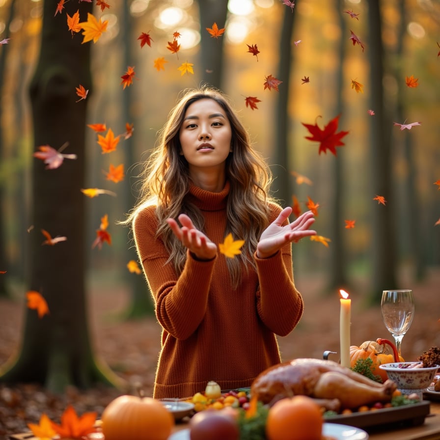 A woman dressed in autumn colors, standing in a forest surrounded by fall leaves. She’s smiling as she throws a handful of colorful leaves into the air, creating a whimsical, joyful atmosphere. Sunlight filters through the trees, adding a golden glow to the scene