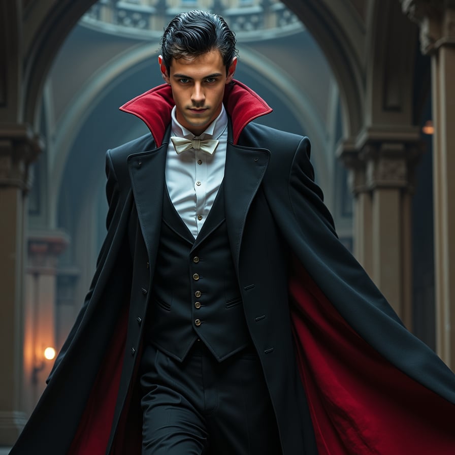 man with pale skin, dark circles under his eyes, sharp facial features, adorned in a long, black coat with a crimson lining, a white dress shirt with an upright collar, and black trousers, against a dimly lit, mysterious backdrop with hints of Gothic architecture.